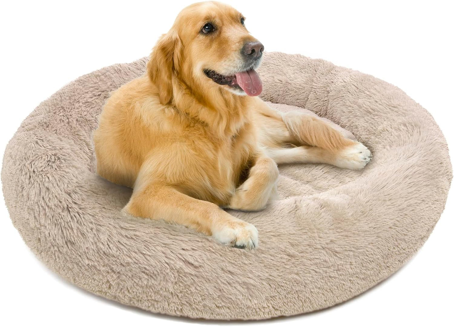Donut Dog Bed Faux Fur Fluffy Calming Sofa for Large Dogs, Soft & Plush anti Anxiety Pet Couch for Dogs, Machine Washable Coco Pet Bed with Non-Slip Bottom, 36"X36"X8" Rainbow