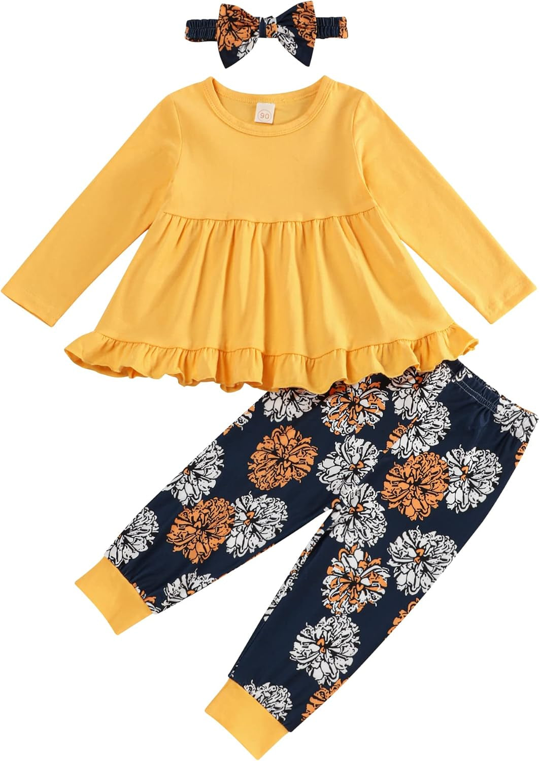 Toddler Baby Girl Clothes Solid Color Ruffle Tops Floral Pants with Cute Headband Outfit Set