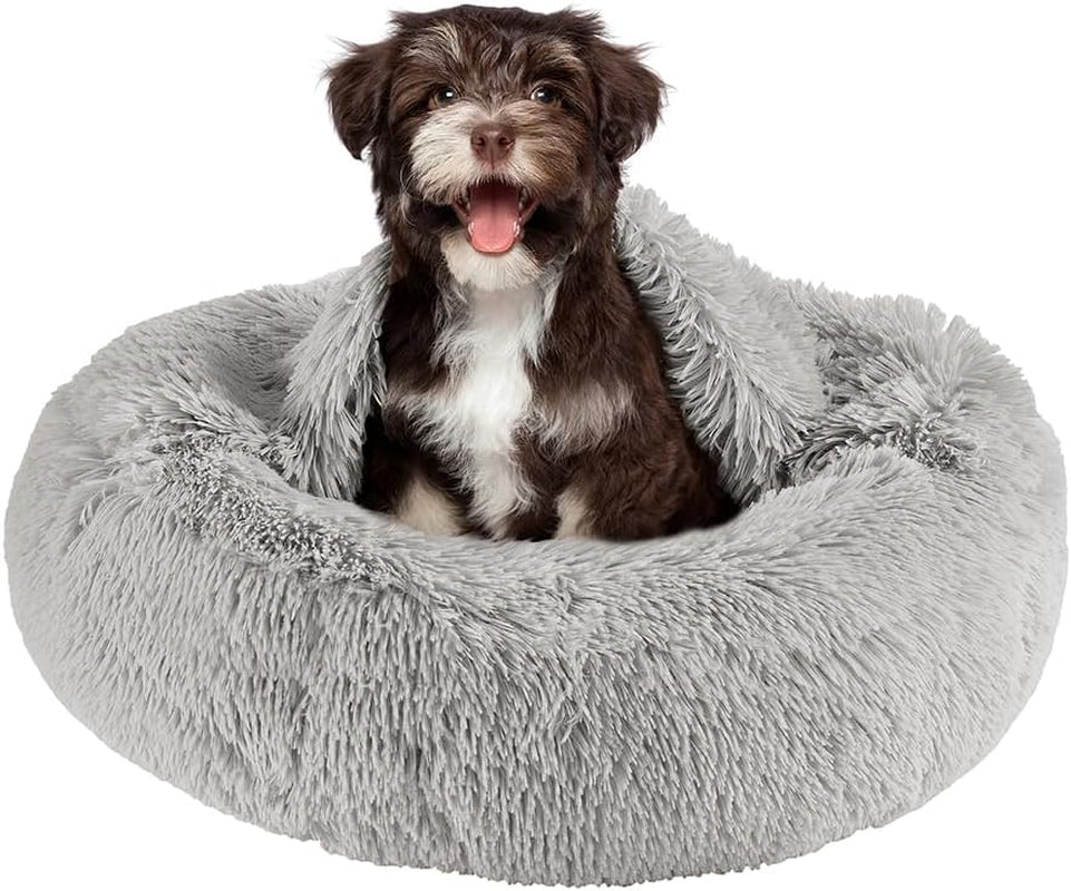 Donut Dog Bed Faux Fur Fluffy Calming Sofa for Large Dogs, Soft & Plush anti Anxiety Pet Couch for Dogs, Machine Washable Coco Pet Bed with Non-Slip Bottom, 36"X36"X8" Rainbow