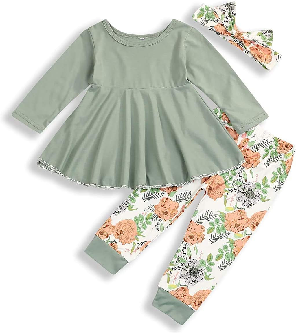 Toddler Baby Girl Clothes Solid Color Ruffle Tops Floral Pants with Cute Headband Outfit Set