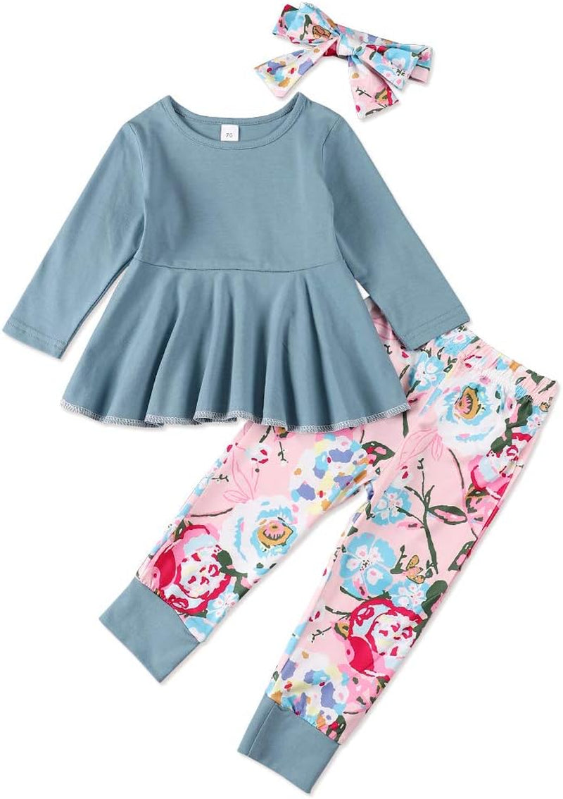 Toddler Baby Girl Clothes Solid Color Ruffle Tops Floral Pants with Cute Headband Outfit Set