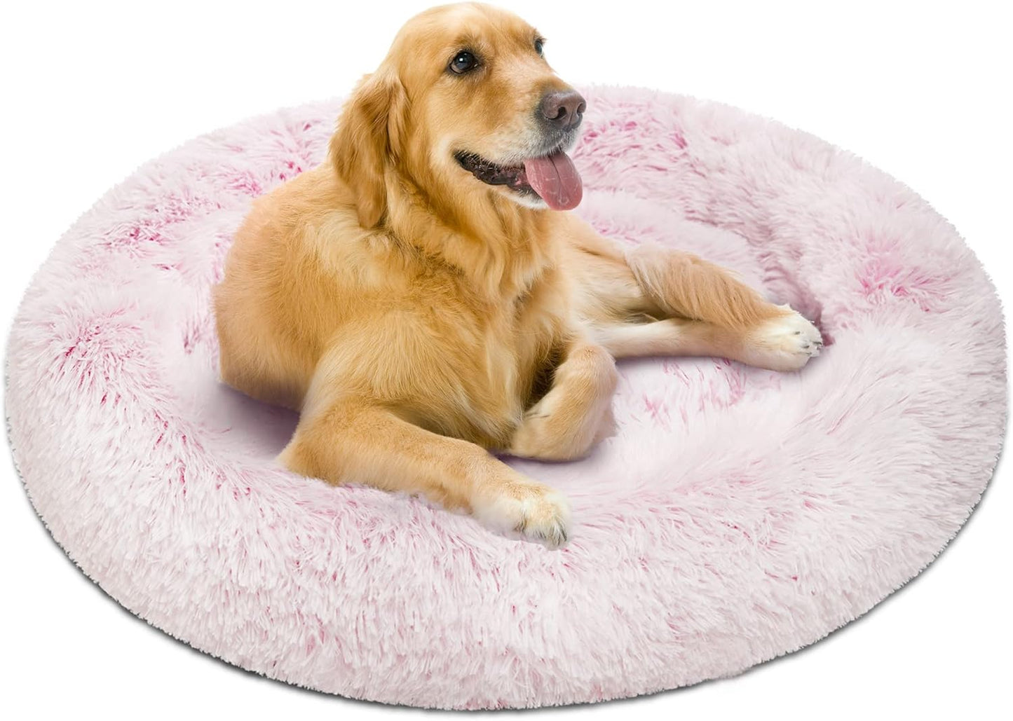Donut Dog Bed Faux Fur Fluffy Calming Sofa for Large Dogs, Soft & Plush anti Anxiety Pet Couch for Dogs, Machine Washable Coco Pet Bed with Non-Slip Bottom, 36"X36"X8" Rainbow