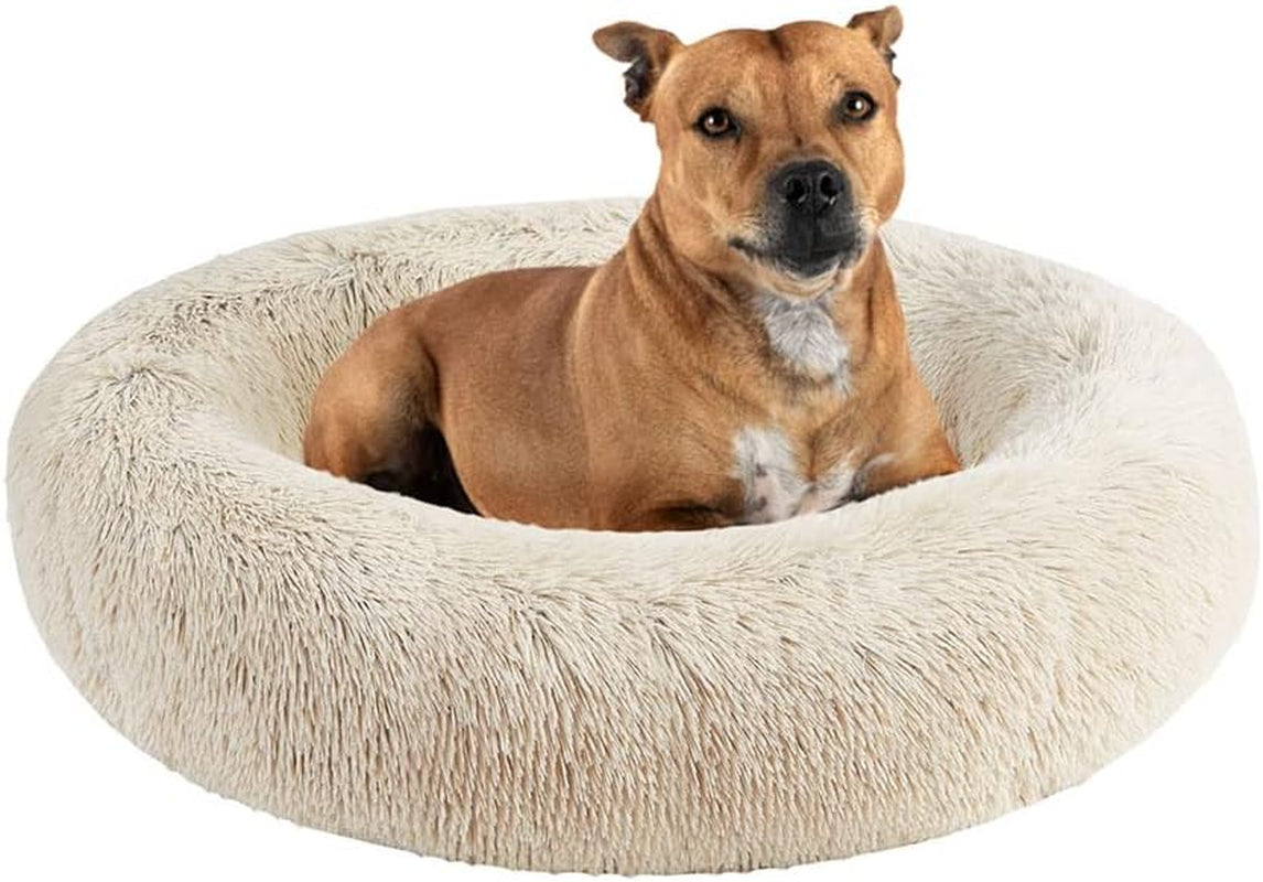 Donut Dog Bed Faux Fur Fluffy Calming Sofa for Large Dogs, Soft & Plush anti Anxiety Pet Couch for Dogs, Machine Washable Coco Pet Bed with Non-Slip Bottom, 36"X36"X8" Rainbow