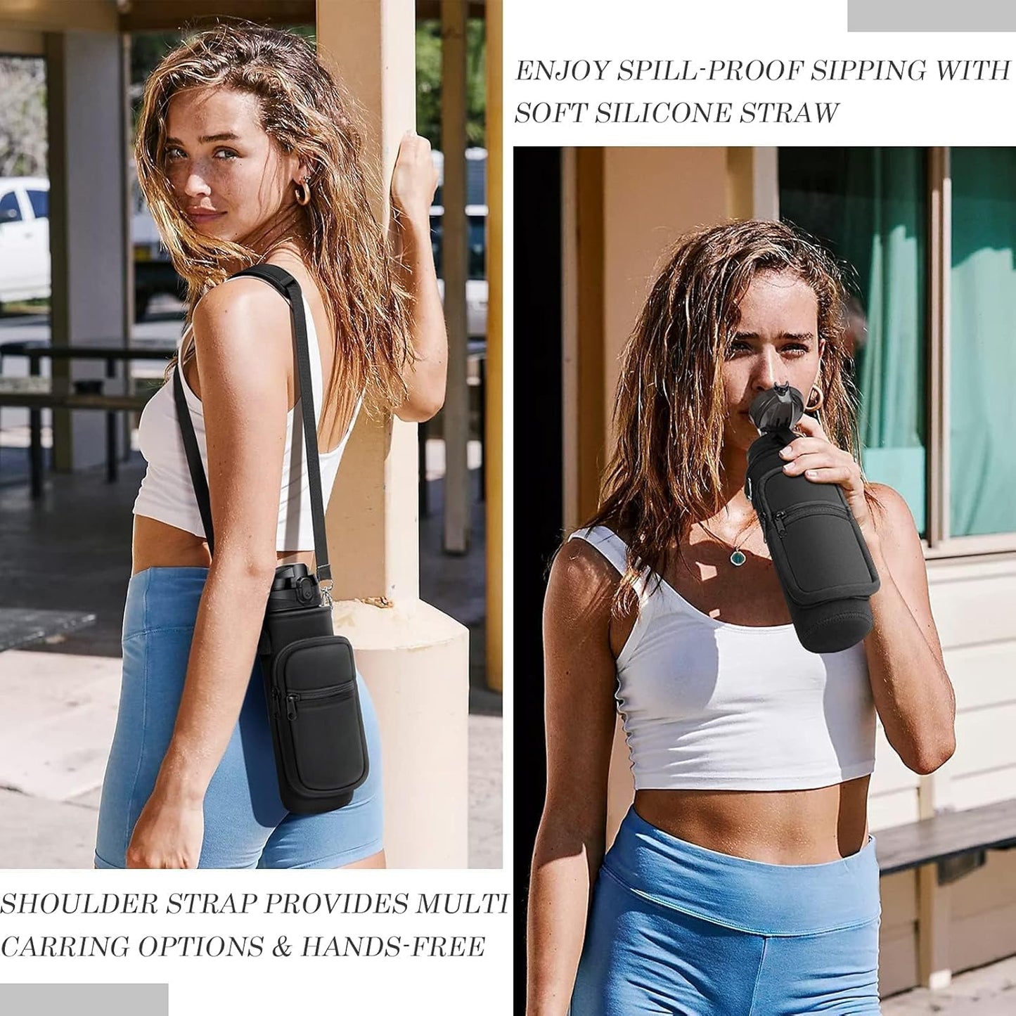 32 Oz Water Bottle with Sleeve - BPA Free Leakproof Sport Large 1L Plastic Motivational Water Bottle with Straw Strap & Insulated Neoprene Holder Carrier Bag Great Xmas Gift for Women Men