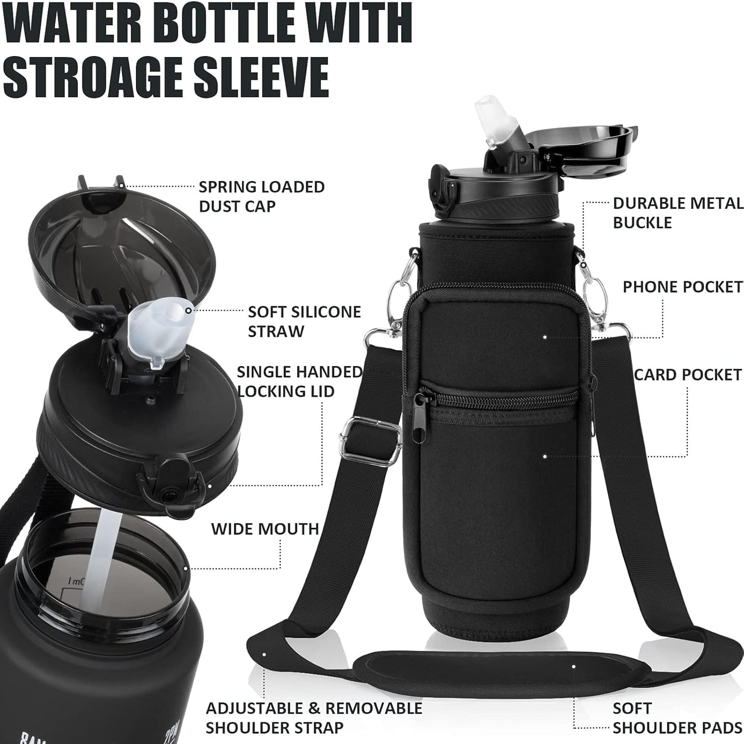 32 Oz Water Bottle with Sleeve - BPA Free Leakproof Sport Large 1L Plastic Motivational Water Bottle with Straw Strap & Insulated Neoprene Holder Carrier Bag Great Xmas Gift for Women Men