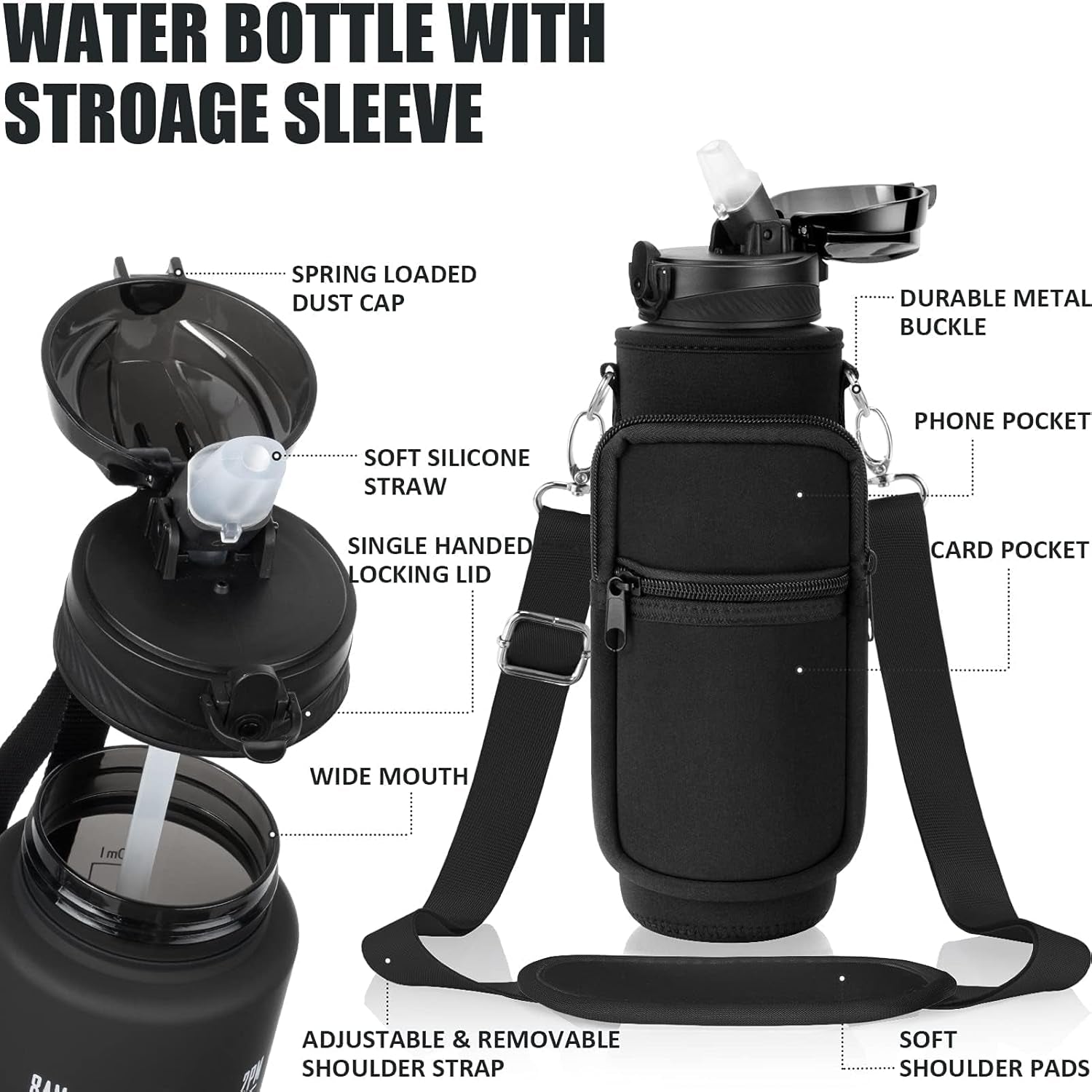 32 Oz Water Bottle with Sleeve - BPA Free Leakproof Sport Large 1L Plastic Motivational Water Bottle with Straw Strap & Insulated Neoprene Holder Carrier Bag Great Xmas Gift for Women Men