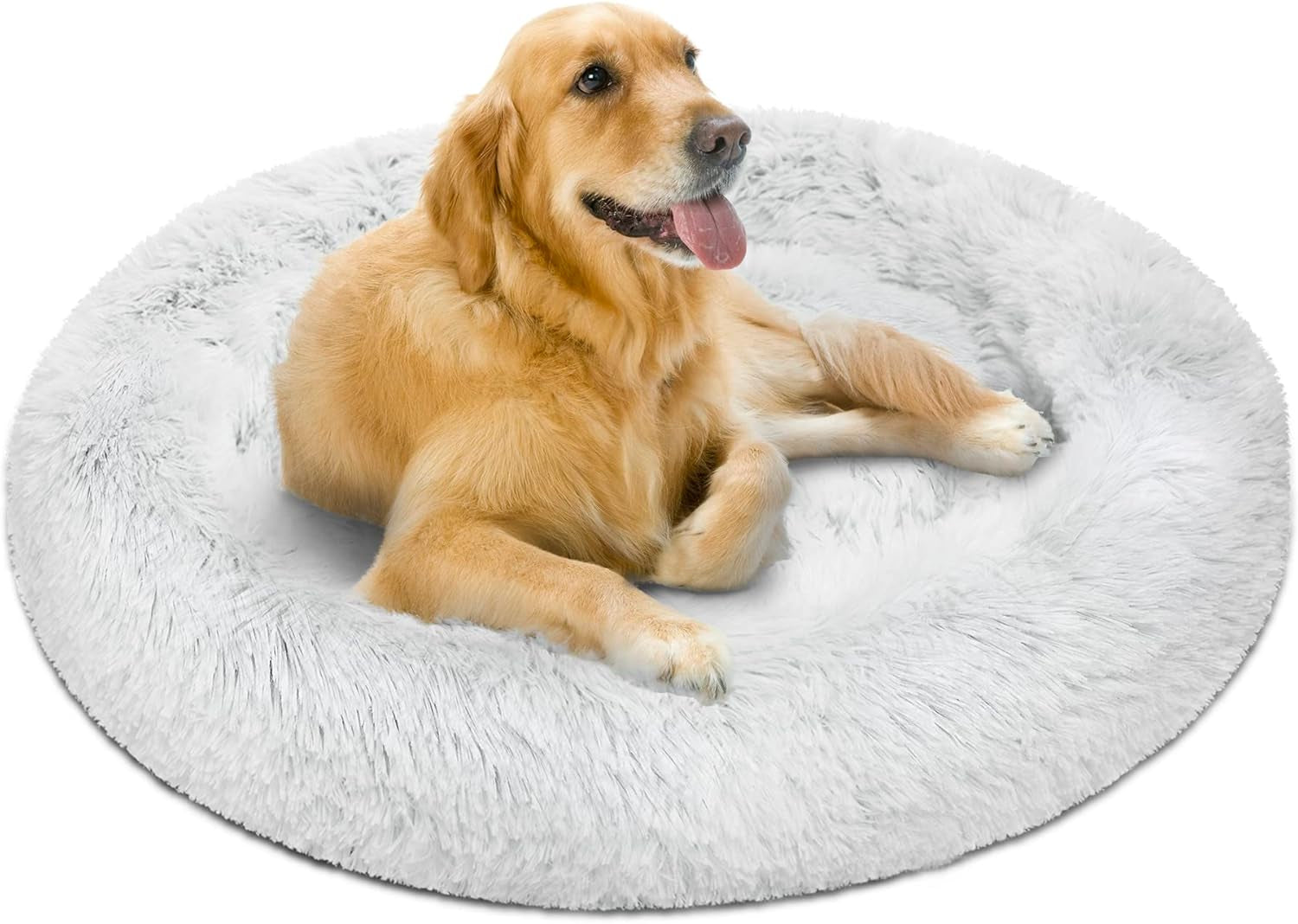 Donut Dog Bed Faux Fur Fluffy Calming Sofa for Large Dogs, Soft & Plush anti Anxiety Pet Couch for Dogs, Machine Washable Coco Pet Bed with Non-Slip Bottom, 36"X36"X8" Rainbow