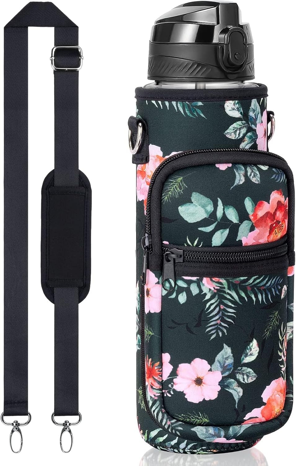 32 Oz Water Bottle with Sleeve - BPA Free Leakproof Sport Large 1L Plastic Motivational Water Bottle with Straw Strap & Insulated Neoprene Holder Carrier Bag Great Xmas Gift for Women Men