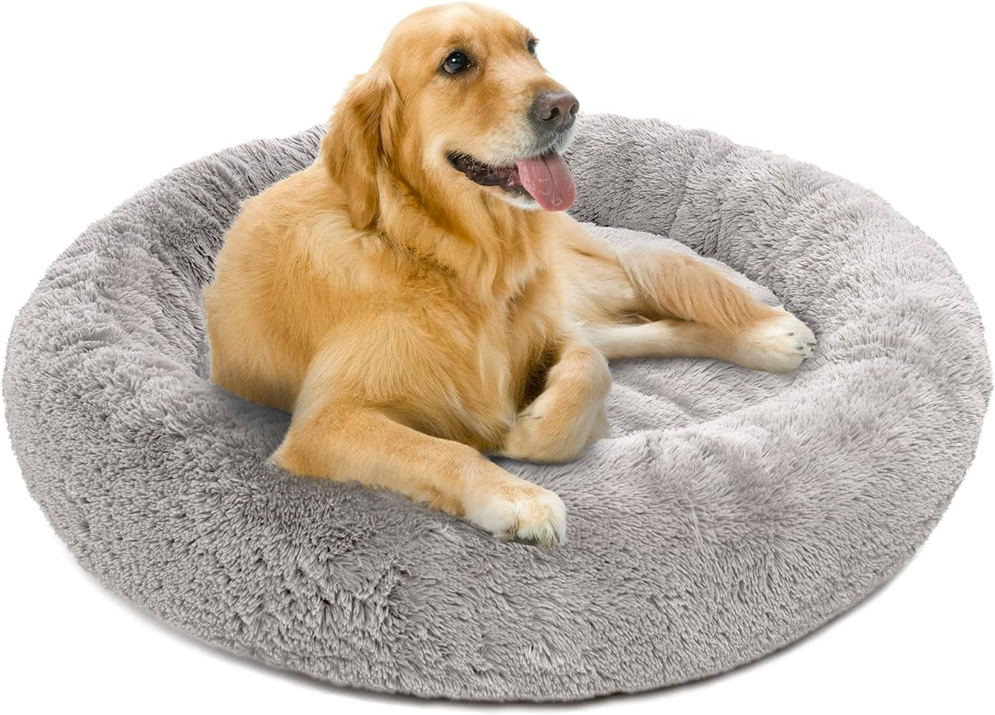Donut Dog Bed Faux Fur Fluffy Calming Sofa for Large Dogs, Soft & Plush anti Anxiety Pet Couch for Dogs, Machine Washable Coco Pet Bed with Non-Slip Bottom, 36"X36"X8" Rainbow