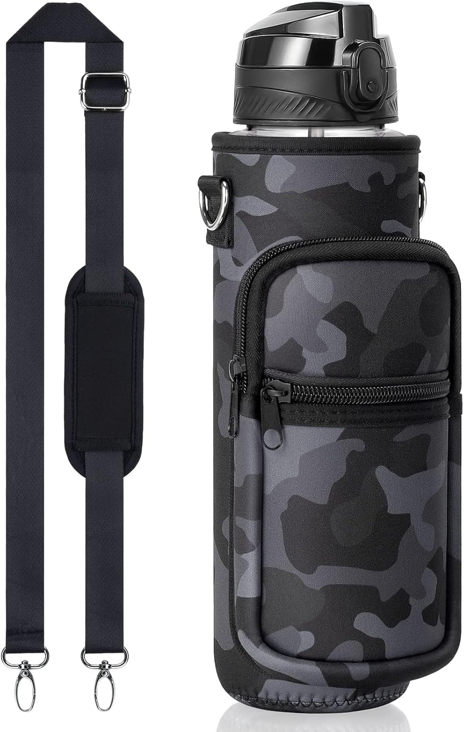 32 Oz Water Bottle with Sleeve - BPA Free Leakproof Sport Large 1L Plastic Motivational Water Bottle with Straw Strap & Insulated Neoprene Holder Carrier Bag Great Xmas Gift for Women Men
